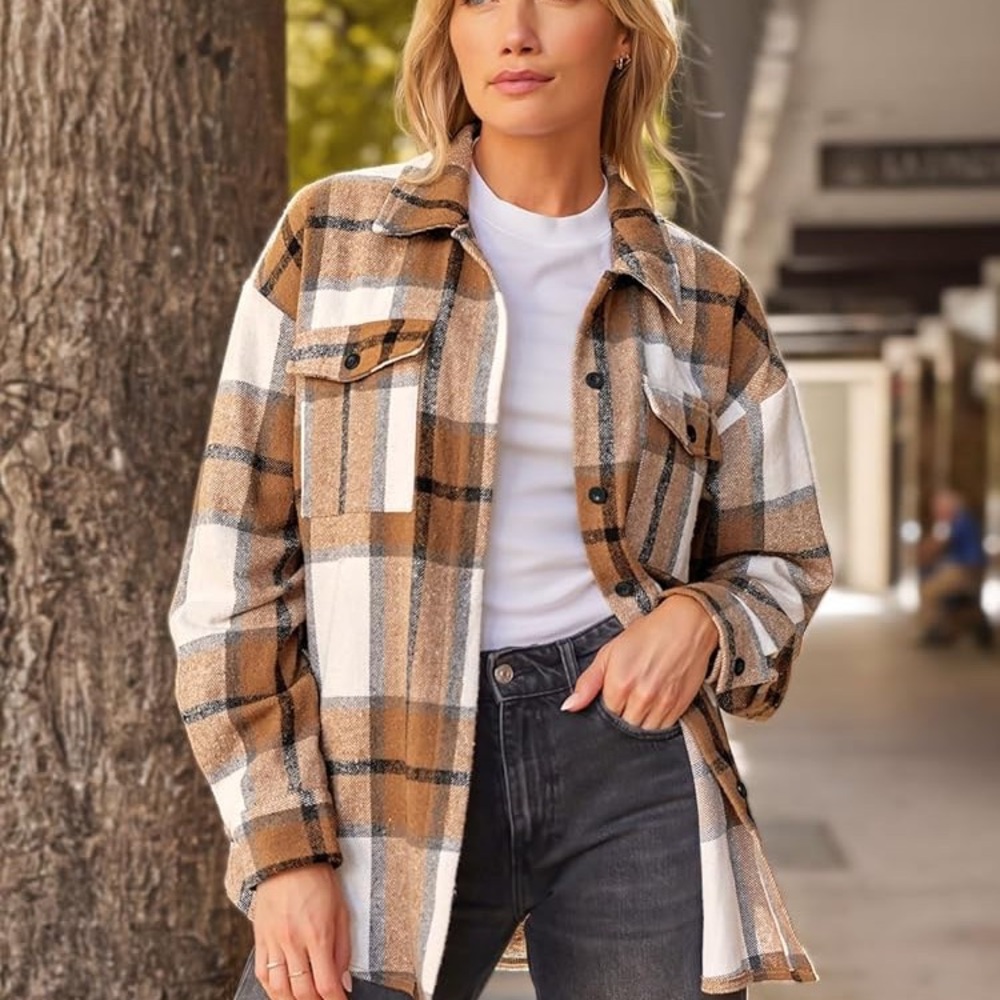 Plaid Tan and White Women's Shacket